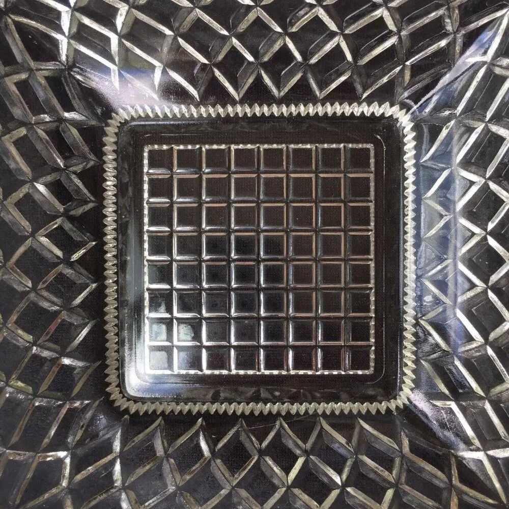 Vintage Clear Cut Glass Square Serving Bowl Dish Geometric Diamonds Retro Ornate